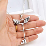 2016 new arrival women necklace girl Angel wings Key Friendship Pendant Long Chain Silver Necklace Jewelry vintage chain kolye