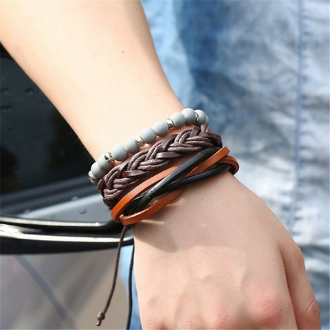 Simple Vintage Woven Leather Bracelet Leather Bracelet Multi-layer Set Bracelet